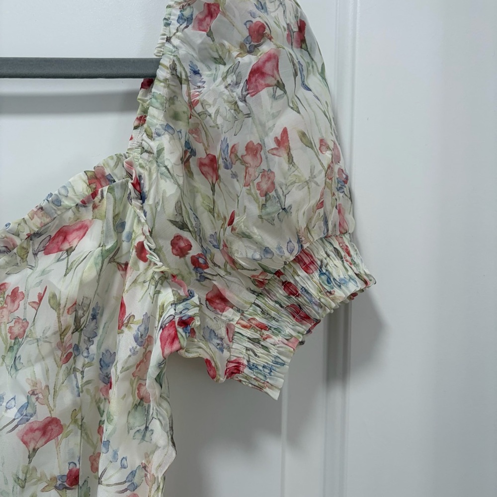 Lulus Galiena NWT size Small Ivory‎ Floral Tiered Puff Sleeve Midi Dress - Picture 4 of 14